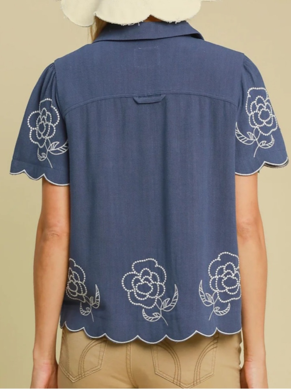 Umgee Button Down Blouse Top Flower Scalloped Embroidered Linen Blend - Picture 2 of 7